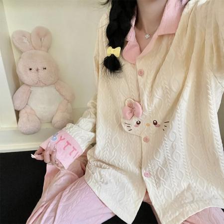 FA49919# 秋季新款睡衣女提花棉卡通翻领开衫韩版长袖甜美家居服 服裝批發女裝批發服飾貨源