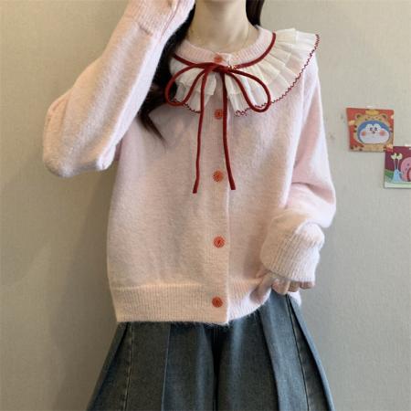 FA49929# 复古系带蝴蝶结针织衫减龄设计感洋气百搭毛衣 服裝批發女裝批發服飾貨源