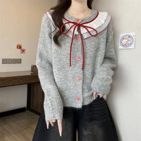 FA49929# 复古系带蝴蝶结针织衫减龄设计感洋气百搭毛衣 服裝批發女裝批發服飾貨源