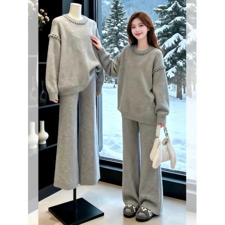 FA49931# 慵懒风灰色针织套装女新款韩系松弛高级感加厚毛衣阔腿裤两件套潮 服裝批發女裝批發服飾貨源