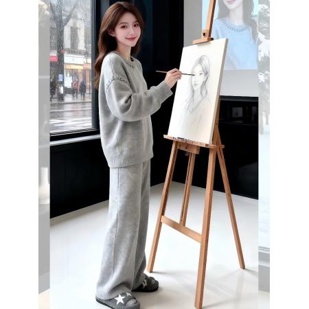 FA49931# 慵懒风灰色针织套装女新款韩系松弛高级感加厚毛衣阔腿裤两件套潮 服裝批發女裝批發服飾貨源