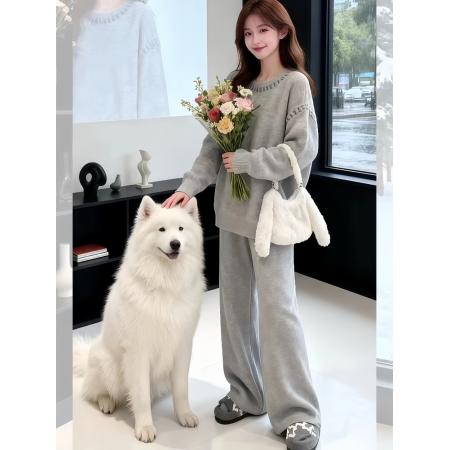 FA49931# 慵懒风灰色针织套装女新款韩系松弛高级感加厚毛衣阔腿裤两件套潮 服裝批發女裝批發服飾貨源