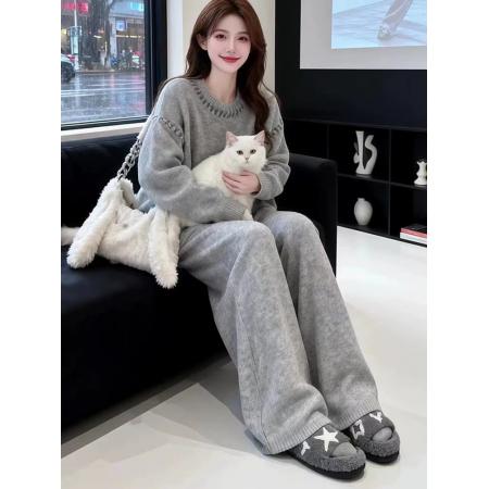 FA49931# 慵懒风灰色针织套装女新款韩系松弛高级感加厚毛衣阔腿裤两件套潮 服裝批發女裝批發服飾貨源