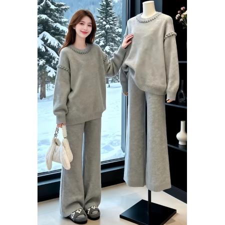 FA49931# 慵懒风灰色针织套装女新款韩系松弛高级感加厚毛衣阔腿裤两件套潮 服裝批發女裝批發服飾貨源