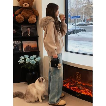 独特漂亮两件套慵懒风高级感巨好看卡其色毛领针织外套牛仔裤套装 服裝批發女裝批發服飾貨源