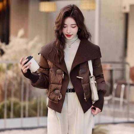 FA49937# 针织拼接假两件羽绒棉服女冬季大码韩版时尚设计感牛角扣棉衣外套 服裝批發女裝批發服飾貨源