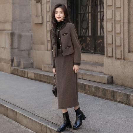 秋冬新款毛呢短外套两件套女中长款半身裙套装 服裝批發女裝批發服飾貨源