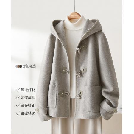 连帽短款毛呢大衣女冬季新款韩版宽松百搭牛角扣外套 服裝批發女裝批發服飾貨源