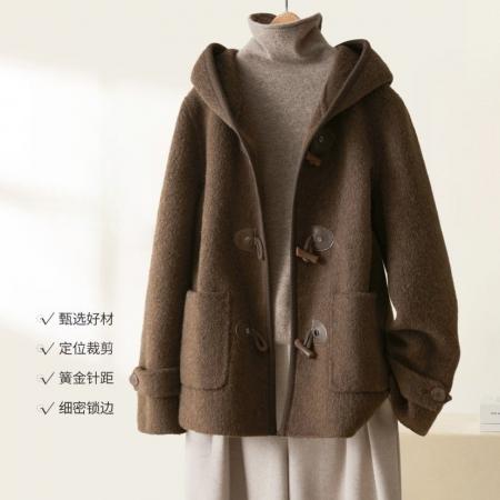 连帽短款毛呢大衣女冬季新款韩版宽松百搭牛角扣外套 服裝批發女裝批發服飾貨源