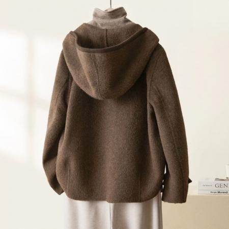 连帽短款毛呢大衣女冬季新款韩版宽松百搭牛角扣外套 服裝批發女裝批發服飾貨源