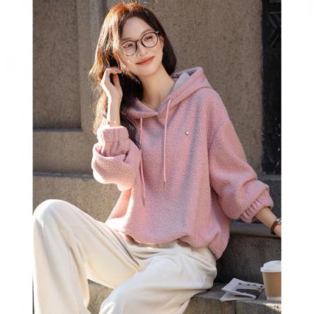 松弛都市秋冬季保暖仿羊羔绒连帽撞色抽绳长袖宽松舒适女卫衣 服裝批發女裝批發服飾貨源