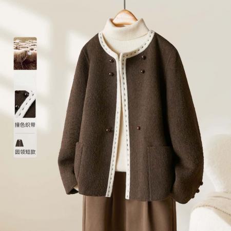 圆领短款百搭手工双面羊毛大衣秋冬新款毛呢大衣 服裝批發女裝批發服飾貨源