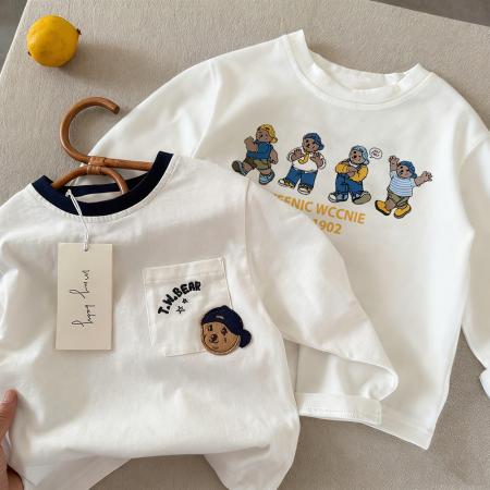 纯棉男女儿童t恤长袖立体植绒卡通口袋中小童打底衫上衣春秋 童装批发宝宝服饰批发