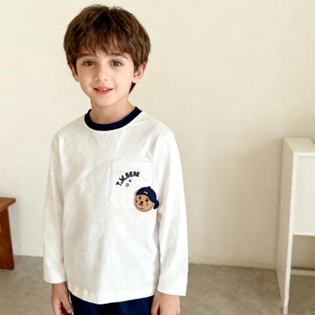 纯棉男女儿童t恤长袖立体植绒卡通口袋中小童打底衫上衣春秋 童装批发宝宝服饰批发