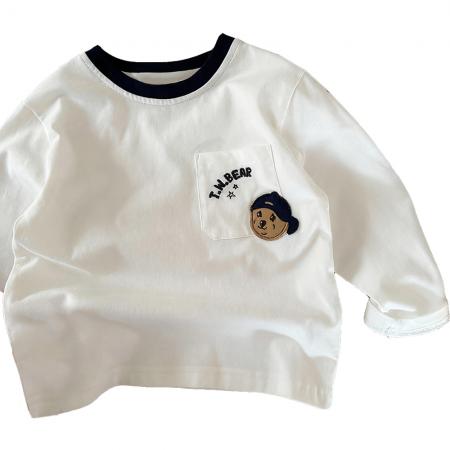 纯棉男女儿童t恤长袖立体植绒卡通口袋中小童打底衫上衣春秋 童装批发宝宝服饰批发