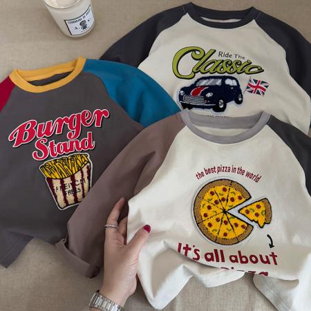 纯棉儿童装长袖T恤上衣新款撞色时尚卡通刺绣百搭打底衫春秋 童装批发宝宝服饰批发