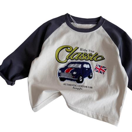 纯棉儿童装长袖T恤上衣新款撞色时尚卡通刺绣百搭打底衫春秋 童装批发宝宝服饰批发