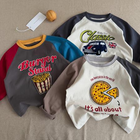 纯棉儿童装长袖T恤上衣新款撞色时尚卡通刺绣百搭打底衫春秋 童装批发宝宝服饰批发