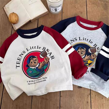 纯棉t恤长袖春秋新款百搭插肩卡通休闲男女儿童装打底衫上衣 童装批发宝宝服饰批发