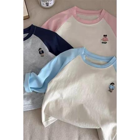 纯棉t恤长袖春秋新款插肩卡通刺绣休闲男女儿童装打底衫上衣 童装批发宝宝服饰批发