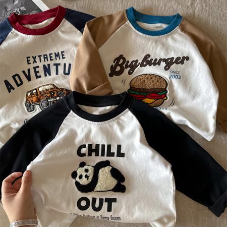 纯棉男童女童长袖打底衫春秋季新款儿童宝宝t恤卡通拼接上衣 童装批发宝宝服饰批发