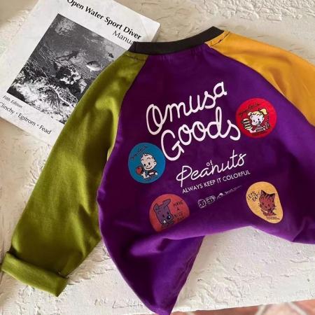 100%纯棉男女童长袖t恤打底衫春秋新款儿童卡通拼接圆领上衣 童装批发宝宝服饰批发