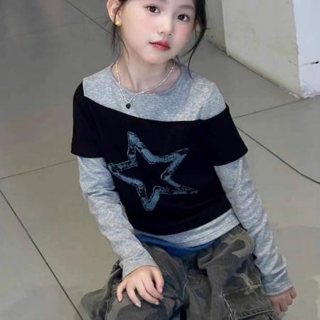 FA49963# 韩国女童打底衫春秋款新款儿童装洋气秋装长袖t恤假两件上衣t 童装批发宝宝服饰批发