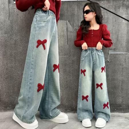 FA49965# 毛巾绣女童牛仔裤春秋新款儿童裤子女大童直筒裤女孩阔腿裤子 童装批发宝宝服饰批发