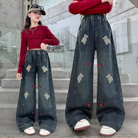 FA49967# 女童牛仔裤秋季初中大童学生直筒阔腿裤儿童春秋装洋气宽松长裤子 童装批发宝宝服饰批发