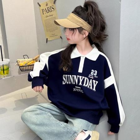 FA49975# 女童秋季Polo领卫衣春秋季新款中大童网红女孩宽松百搭套头卫衣潮 童装批发宝宝服饰批发