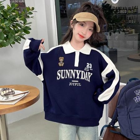 FA49975# 女童秋季Polo领卫衣春秋季新款中大童网红女孩宽松百搭套头卫衣潮 童装批发宝宝服饰批发