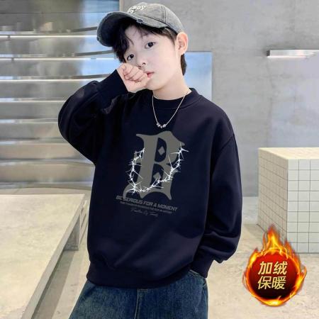 儿童男童新款圆领加绒卫衣秋冬中大童男孩韩版长袖套头上衣 童装批发宝宝服饰批发