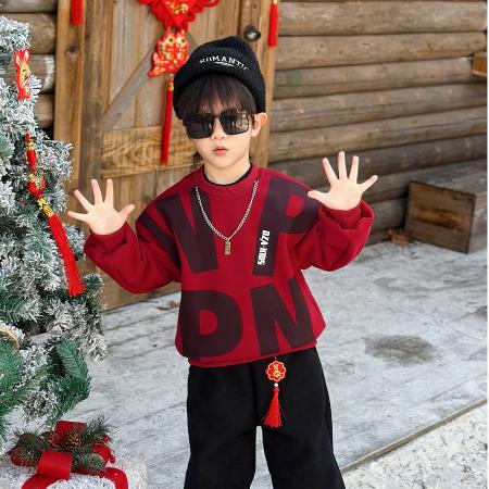 天鹅绒面料男童红色卫衣冬季新款儿童韩版酷帅时髦圆领上衣潮 童装批发宝宝服饰批发