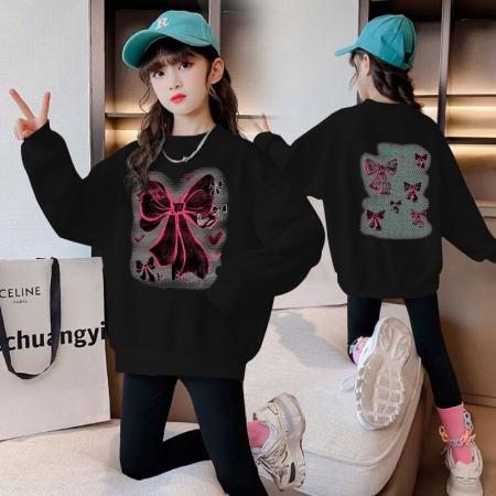 女童秋装卫衣新款儿童洋气韩版女孩冬加绒加厚卡通蝴蝶结上衣 童装批发宝宝服饰批发