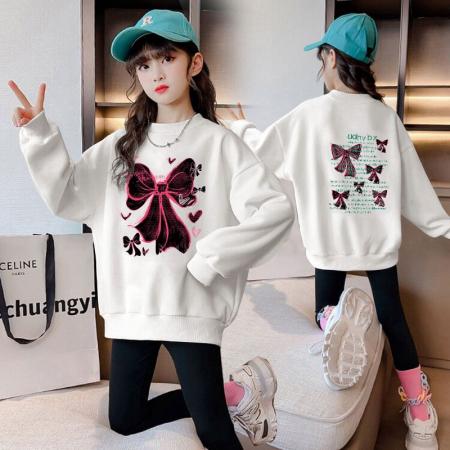 女童秋装卫衣新款儿童洋气韩版女孩冬加绒加厚卡通蝴蝶结上衣 童装批发宝宝服饰批发