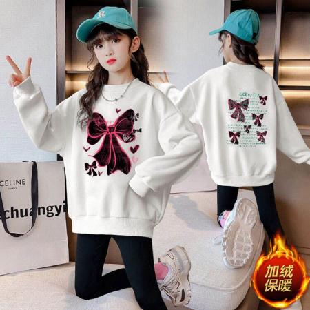 女童秋装卫衣新款儿童洋气韩版女孩冬加绒加厚卡通蝴蝶结上衣 童装批发宝宝服饰批发