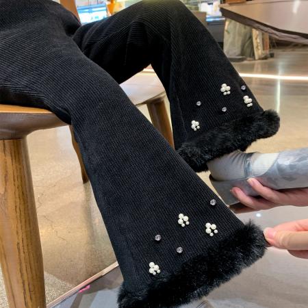 米米哈罗女童加绒长裤冬装新款儿童喇叭裤设计感小女孩休闲裤 童装批发宝宝服饰批发