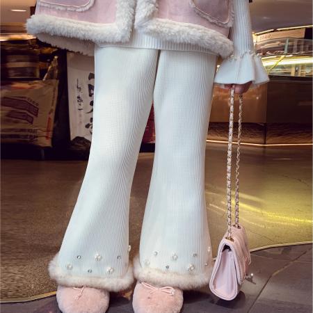 米米哈罗女童加绒长裤冬装新款儿童喇叭裤设计感小女孩休闲裤 童装批发宝宝服饰批发