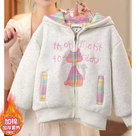 女童加绒外套秋冬款新款小童连帽加厚洋气超好看冬季女宝上衣 童装批发宝宝服饰批发