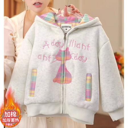 女童加绒外套秋冬款新款小童连帽加厚洋气超好看冬季女宝上衣 童装批发宝宝服饰批发