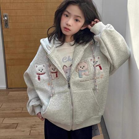 韩国女童一体绒拉布布连帽卫衣外套秋冬女孩时尚休闲运动开衫上衣 童装批发宝宝服饰批发