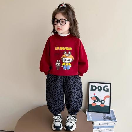 女童拉布布加绒套装冬季新款女宝宝加厚卫衣豹纹裤一体绒两件套 童装批发宝宝服饰批发