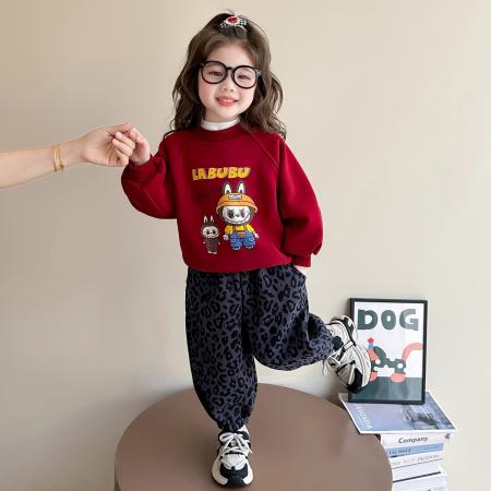 女童拉布布加绒套装冬季新款女宝宝加厚卫衣豹纹裤一体绒两件套 童装批发宝宝服饰批发