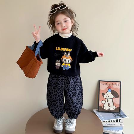 女童拉布布加绒套装冬季新款女宝宝加厚卫衣豹纹裤一体绒两件套 童装批发宝宝服饰批发