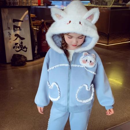 米米哈罗女童加绒套装冬装新款儿童连帽卫衣外套休闲裤两件套 童装批发宝宝服饰批发