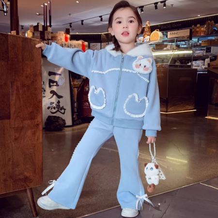 米米哈罗女童加绒套装冬装新款儿童连帽卫衣外套休闲裤两件套 童装批发宝宝服饰批发