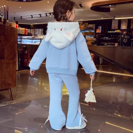 米米哈罗女童加绒套装冬装新款儿童连帽卫衣外套休闲裤两件套 童装批发宝宝服饰批发