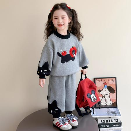 女小童休闲套装加绒款洋气女宝宝加厚卫衣秋冬装小女孩卡通两件套 童装批发宝宝服饰批发