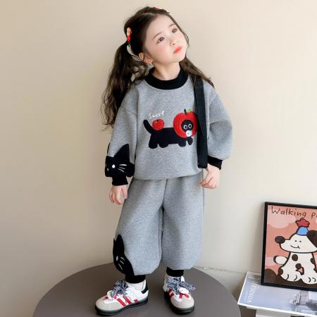 女小童休闲套装加绒款洋气女宝宝加厚卫衣秋冬装小女孩卡通两件套 童装批发宝宝服饰批发