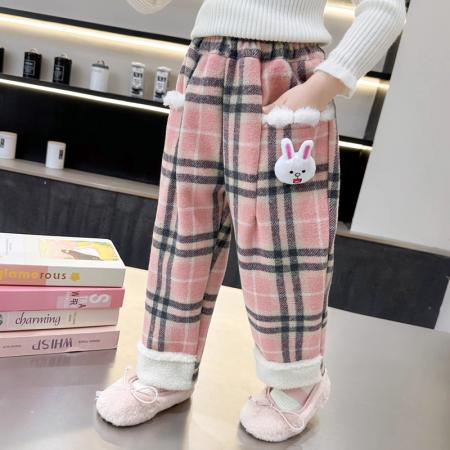 女小童冬季加绒加厚格子小兔休闲裤新款女宝宝保暖呢子直筒裤 童装批发宝宝服饰批发